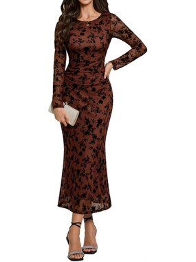 Women's Mesh Maxi Long Sleeve Floral Bodycon Brown Guest Cocktail Party Dress